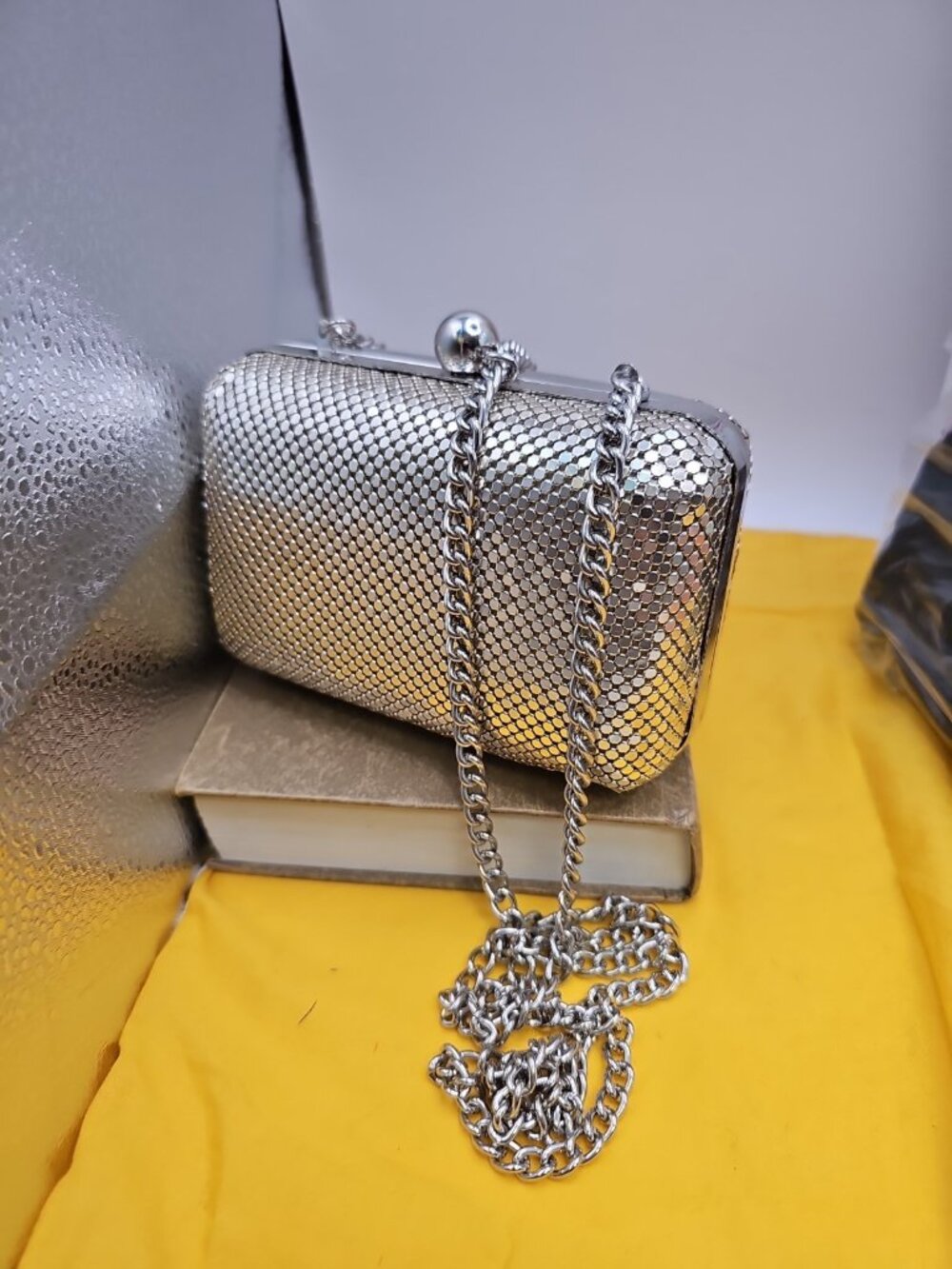 Evening Bag Jessica Mcclintock Silvertone Metal Mesh Crossbody Metal Strap Ball
